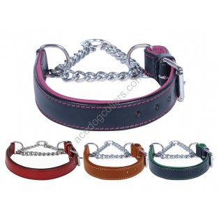 Adjustable PADDED Half check / Martingale Leather Dog Collar - Black with Purple Lining. (Stainless Steel Chain)